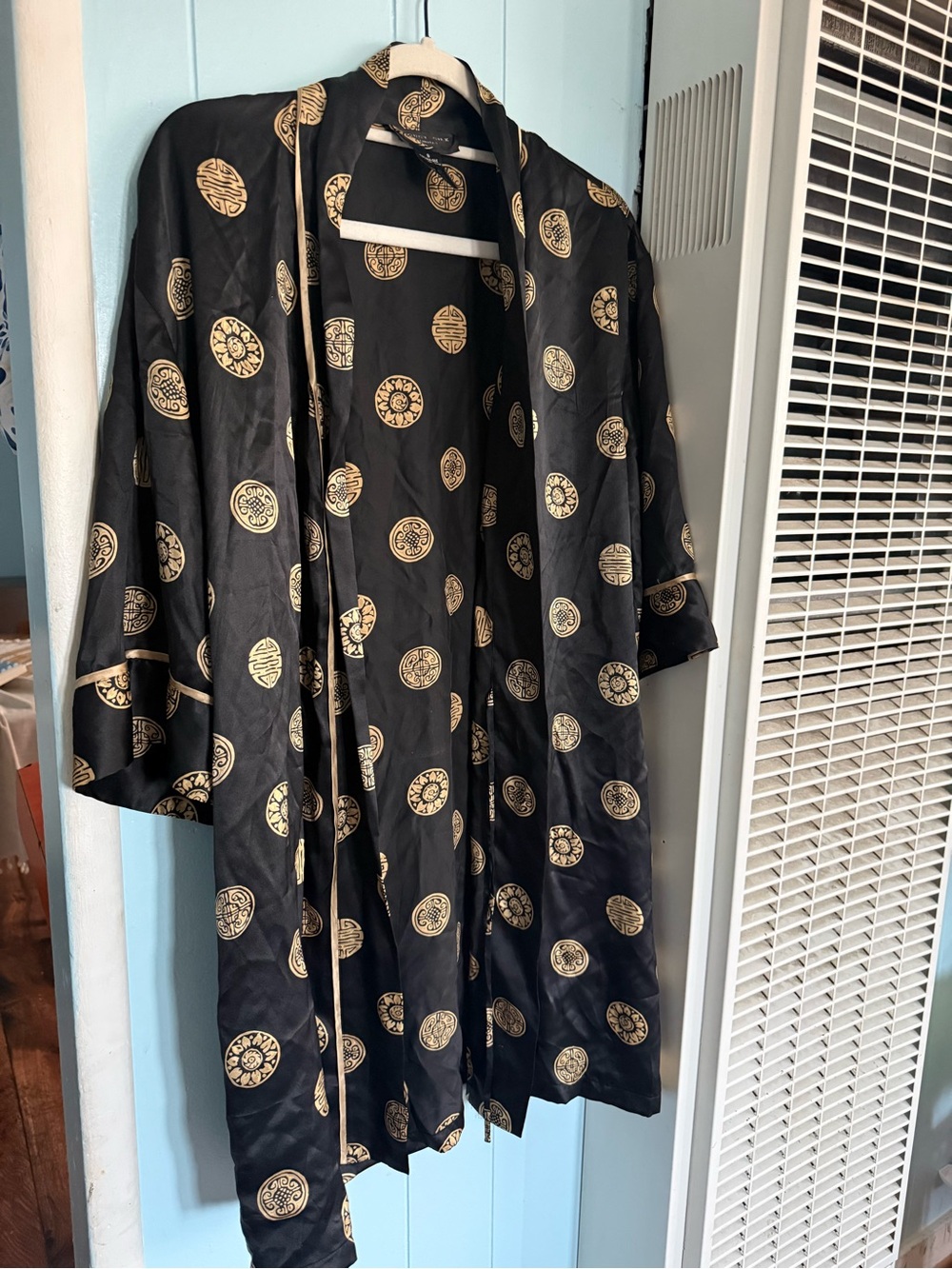 Black Satin Kimono with Gold Medallion Print August Silk Small